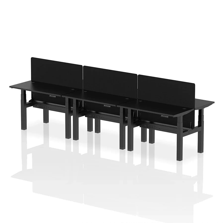 Air Back-to-Back Height Adjustable Bench Desk - 6 Person with cable ports and black straight screen W1200mm black top with black frame 