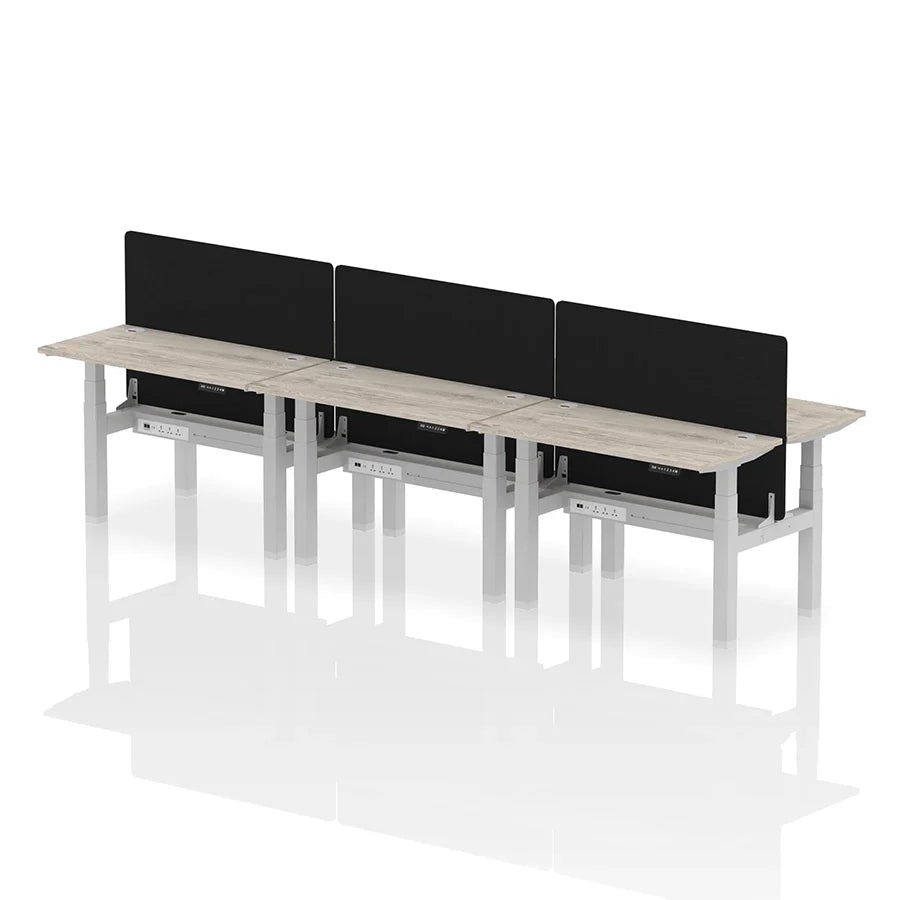 Air Back-to-Back Height Adjustable Bench Desk - 6 Person with cable ports and black straight screen W1200mm grey oak top with silver frame