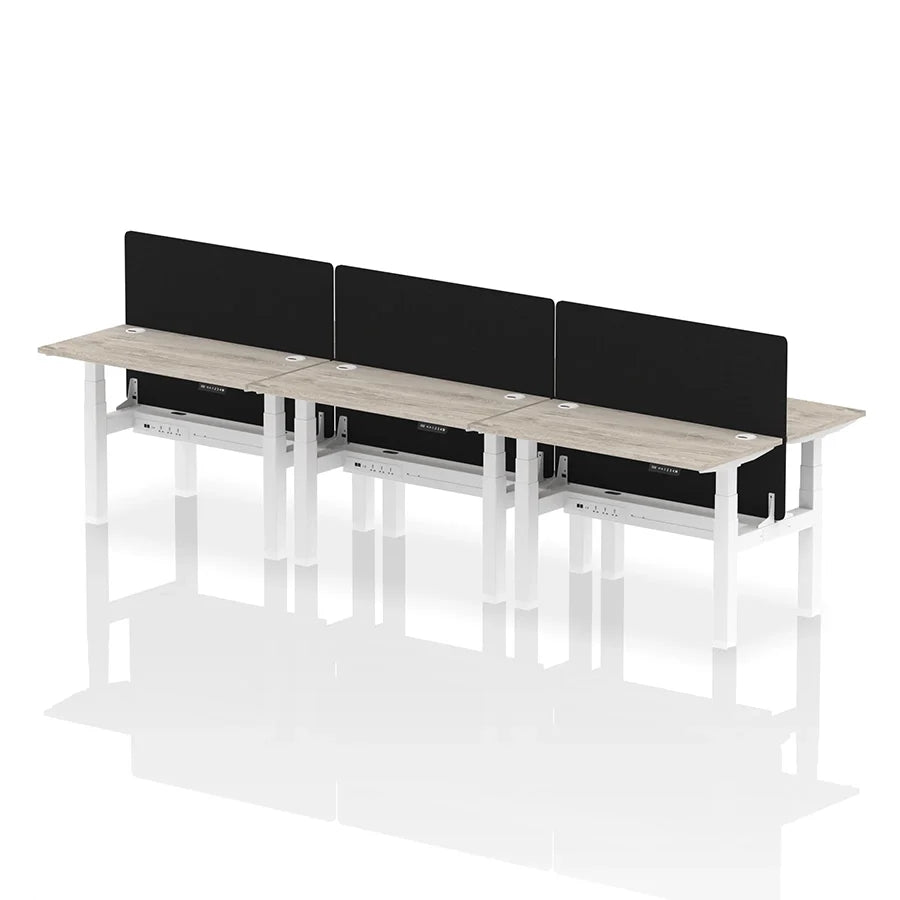 Air Back-to-Back Height Adjustable Bench Desk - 6 Person with cable ports and black straight screen W1200mm grey oak top with white frame