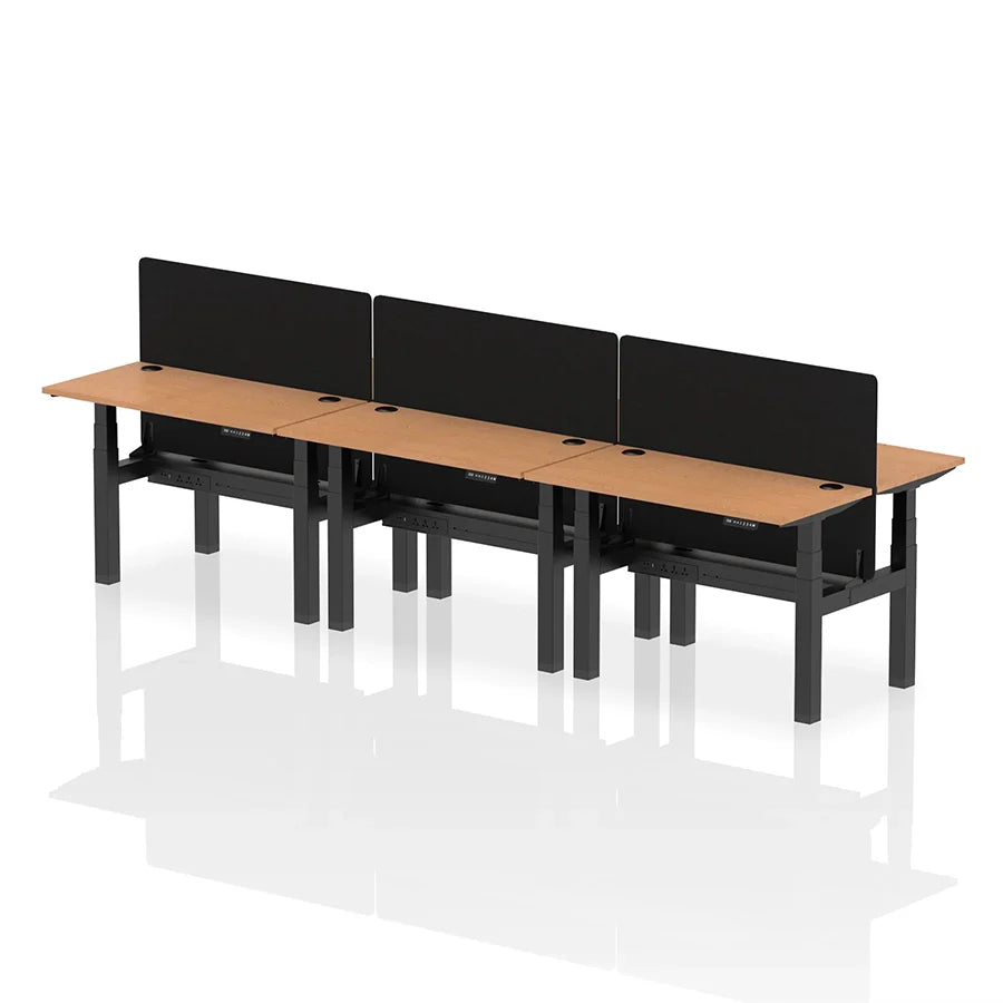 Air Back-to-Back Height Adjustable Bench Desk - 6 Person with cable ports and black straight screen W1200mm oak top with black frame