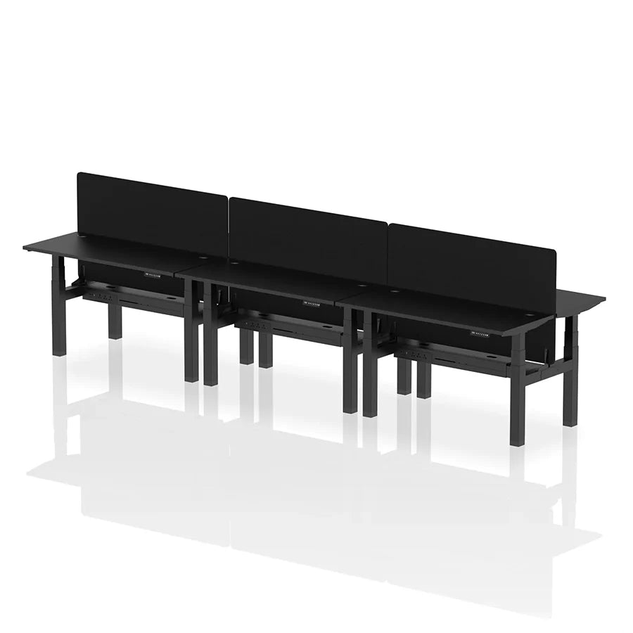 Air Back-to-Back Height Adjustable Bench Desk - 6 Person with cable ports and black straight screen W1400mm black top with black frame 