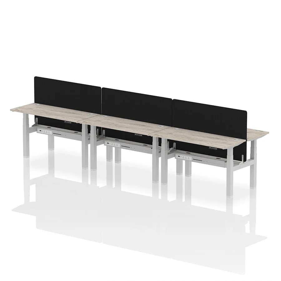 Air Back-to-Back Height Adjustable Bench Desk - 6 Person with cable ports and black straight screen W1400mm grey oak top with silver frame