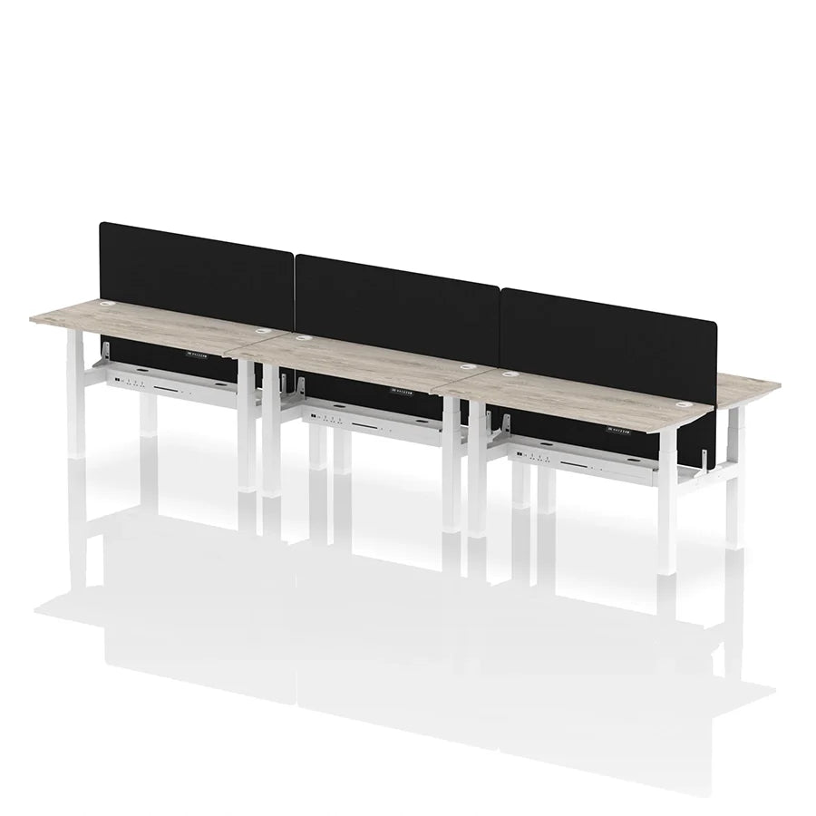 Air Back-to-Back Height Adjustable Bench Desk - 6 Person with cable ports and black straight screen W1400mm grey oak top with white frame
