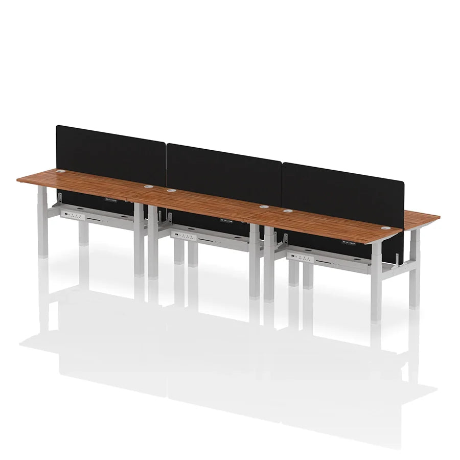Air Back-to-Back Height Adjustable Bench Desk - 6 Person with cable ports and black straight screen W1400mm walnut top with silver frame
