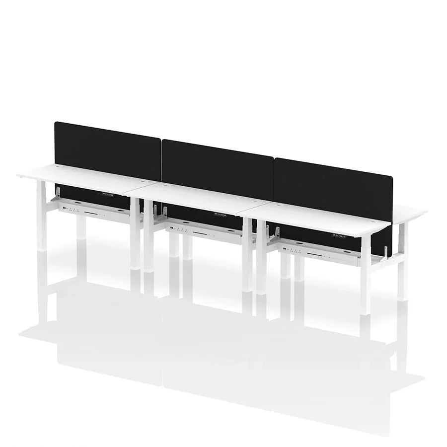 Air Back-to-Back Height Adjustable Bench Desk - 6 Person with cable ports and black straight screen W1400mm white top with white frame