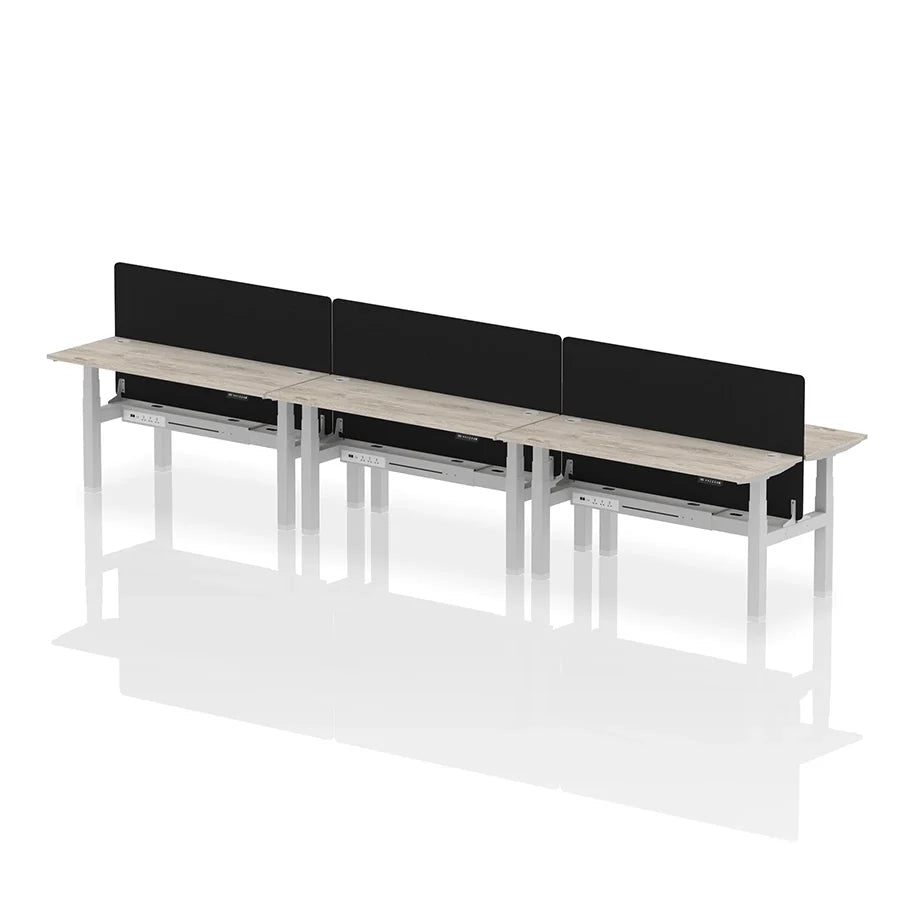 Air Back-to-Back Height Adjustable Bench Desk - 6 Person with cable ports and black straight screen W1600mm grey oak top with silver frame