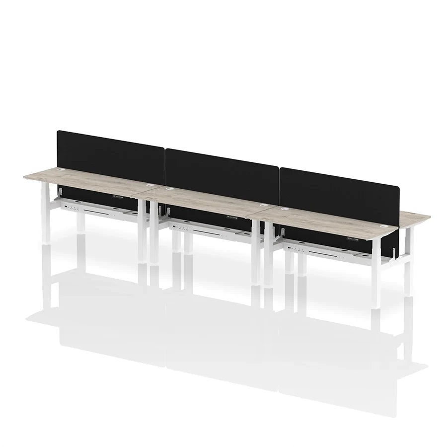 Air Back-to-Back Height Adjustable Bench Desk - 6 Person with cable ports and black straight screen W1600mm grey oak top with white frame
