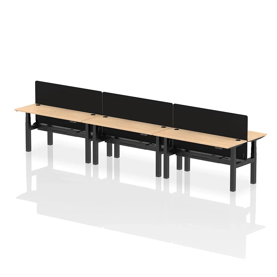 Air Back-to-Back Height Adjustable Bench Desk - 6 Person with cable ports and black straight screen W1600mm maple top with black frame