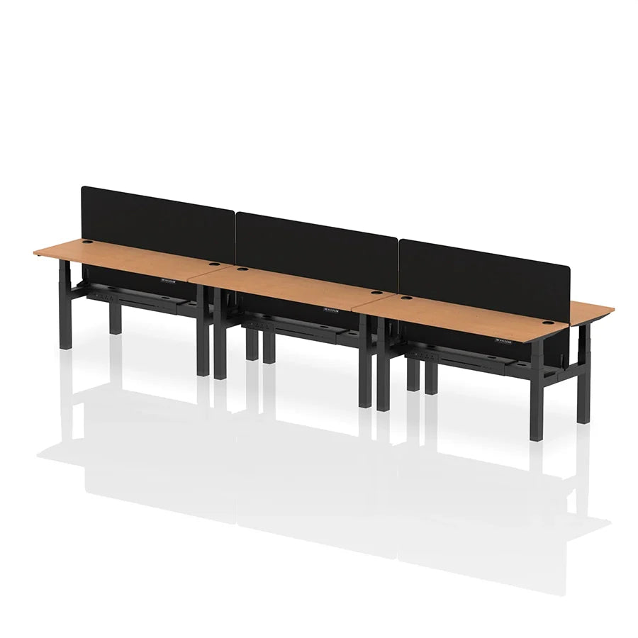 Air Back-to-Back Height Adjustable Bench Desk - 6 Person with cable ports and black straight screen W1600mm oak top with black frame 