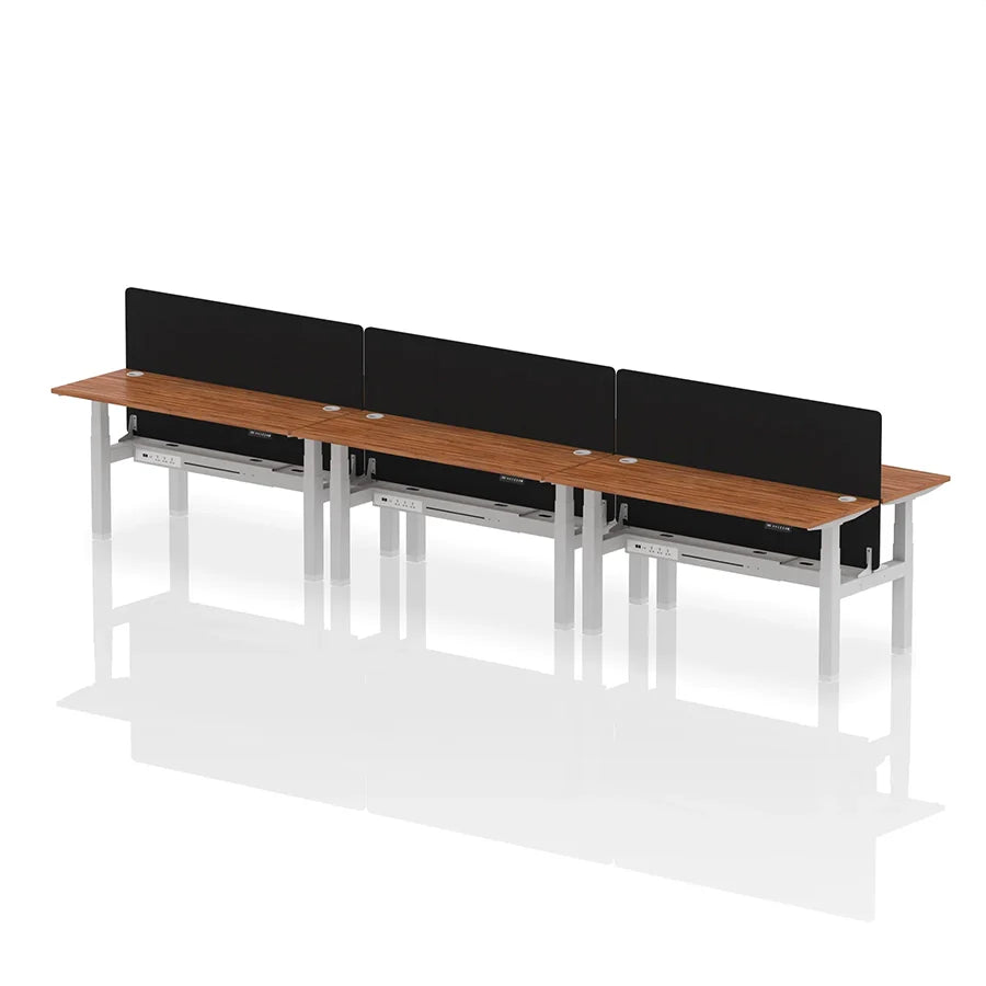 Air Back-to-Back Height Adjustable Bench Desk - 6 Person with cable ports and black straight screen W1600mm walnut top with silver frame 