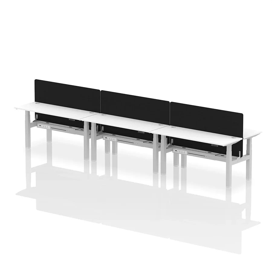 Air Back-to-Back Height Adjustable Bench Desk - 6 Person with cable ports and black straight screen W1600mm white top with silver frame 