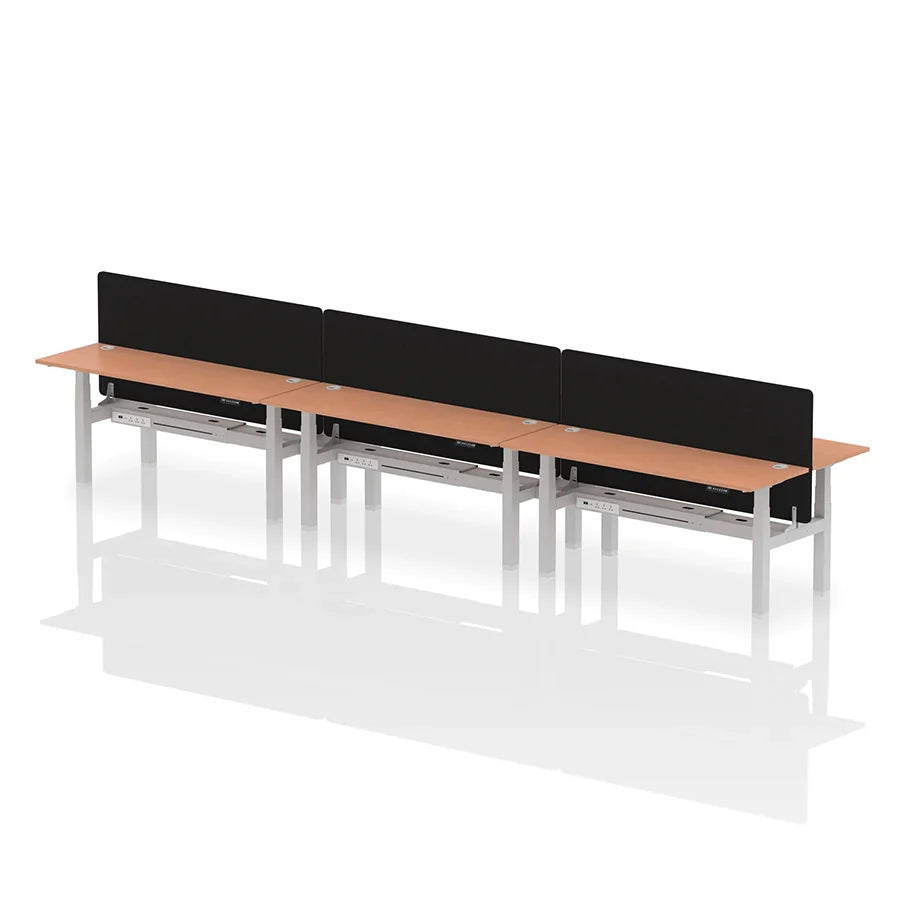 Air Back-to-Back Height Adjustable Bench Desk - 6 Person with cable ports and black straight screen W1800mm beech top with silver frame
