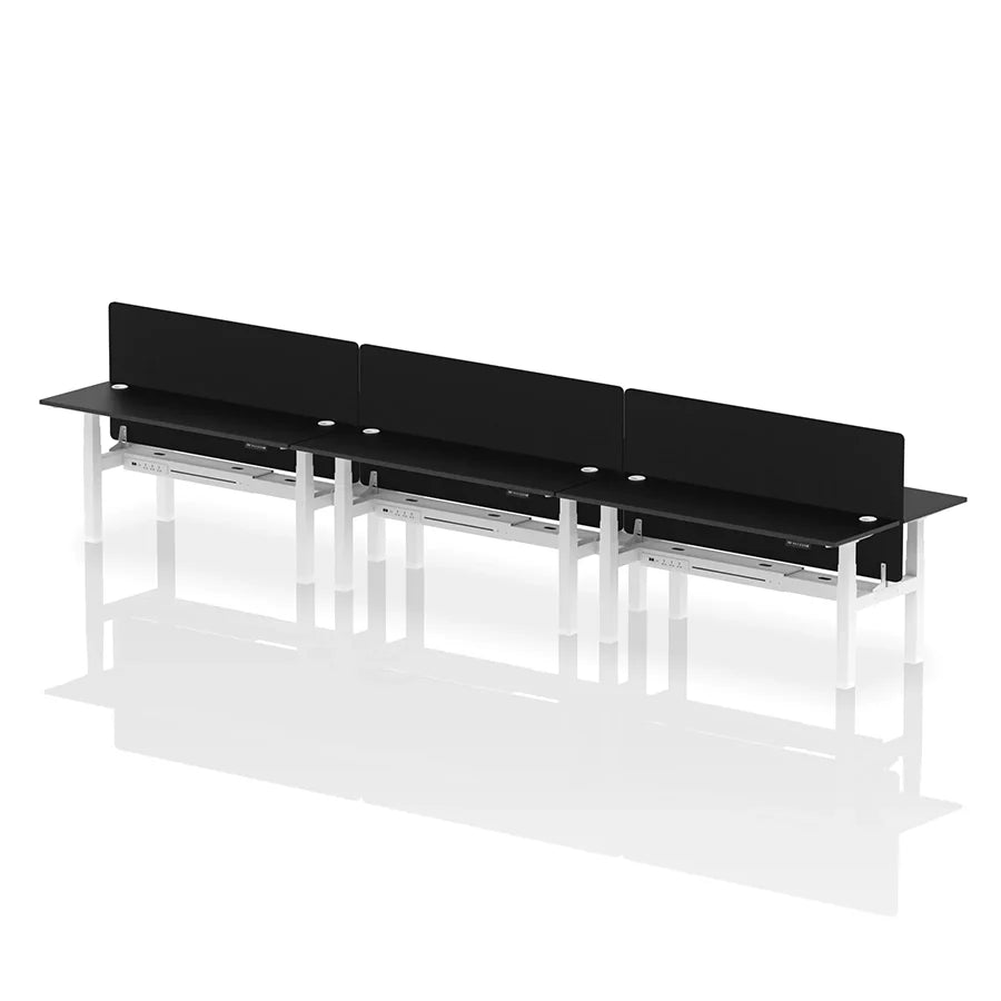 Air Back-to-Back Height Adjustable Bench Desk - 6 Person with cable ports and black straight screen W1800mm black top with white frame 