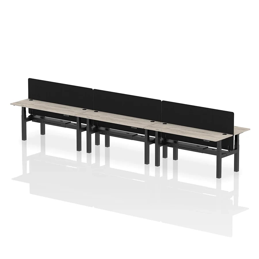 Air Back-to-Back Height Adjustable Bench Desk - 6 Person with cable ports and black straight screen W1800mm grey oak top with black frame