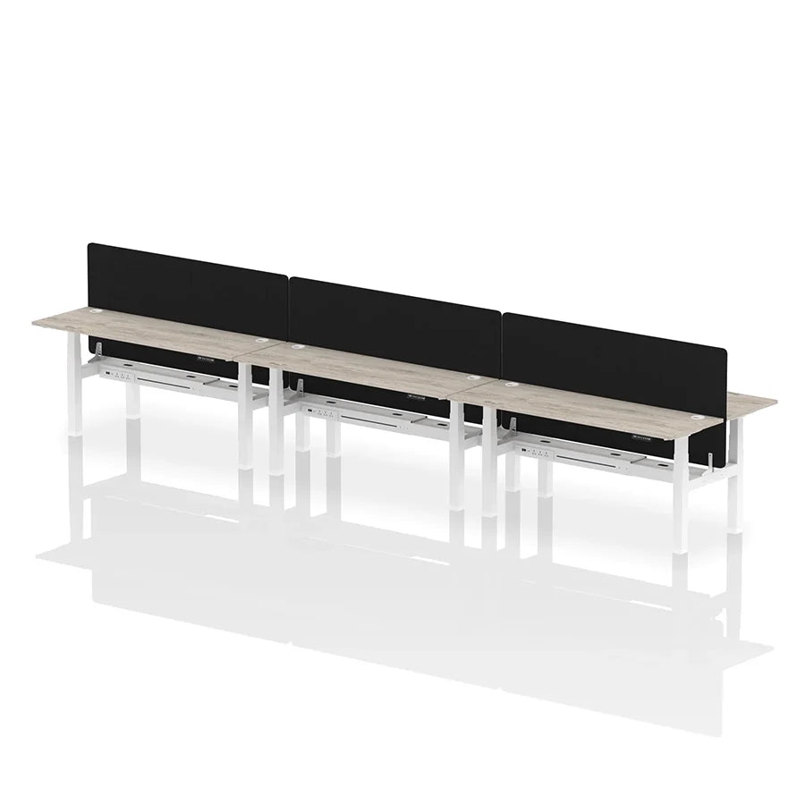 Air Back-to-Back Height Adjustable Bench Desk - 6 Person with cable ports and black straight screen W1800mm grey oak top with white frame