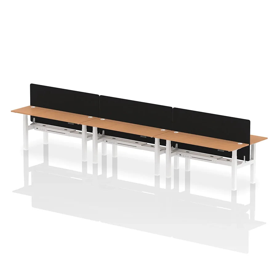 Air Back-to-Back Height Adjustable Bench Desk - 6 Person with cable ports and black straight screen W1800mm oak top with white frame
