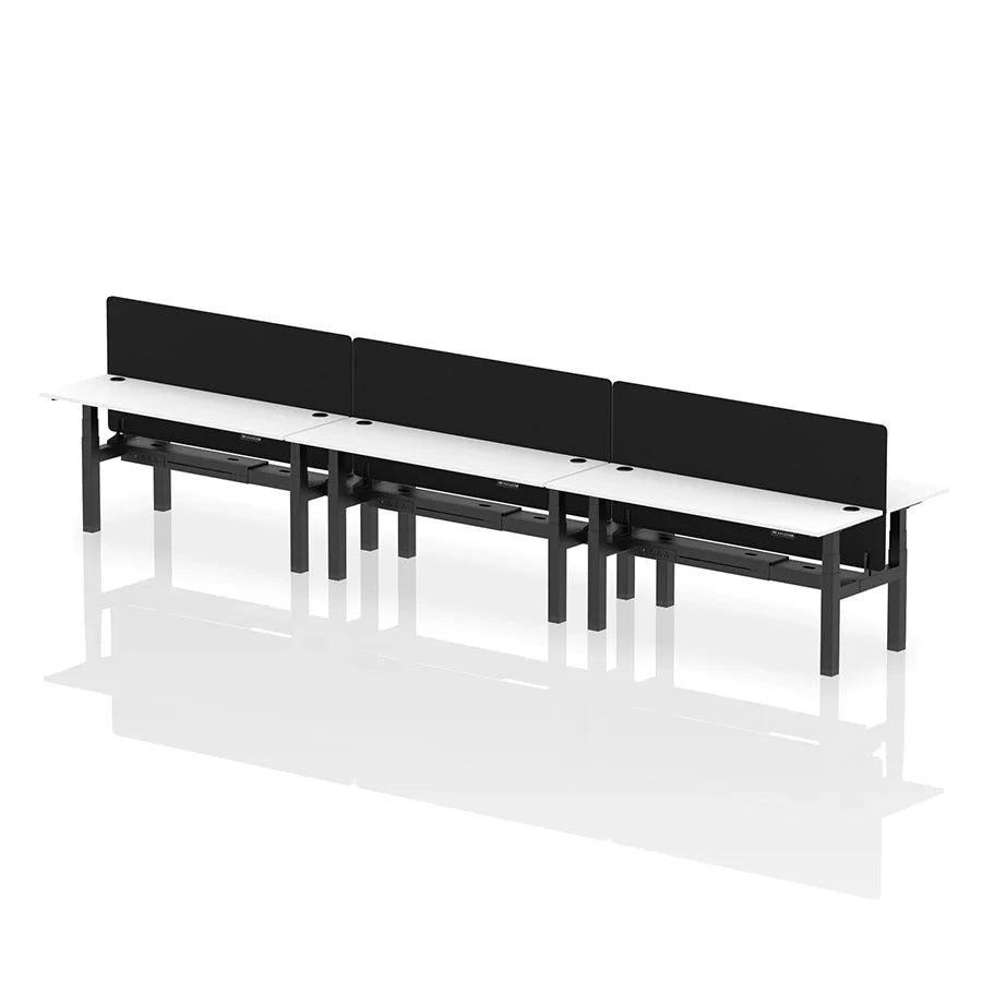 Air Back-to-Back Height Adjustable Bench Desk - 6 Person with cable ports and black straight screen W1800mm white top with black frame 