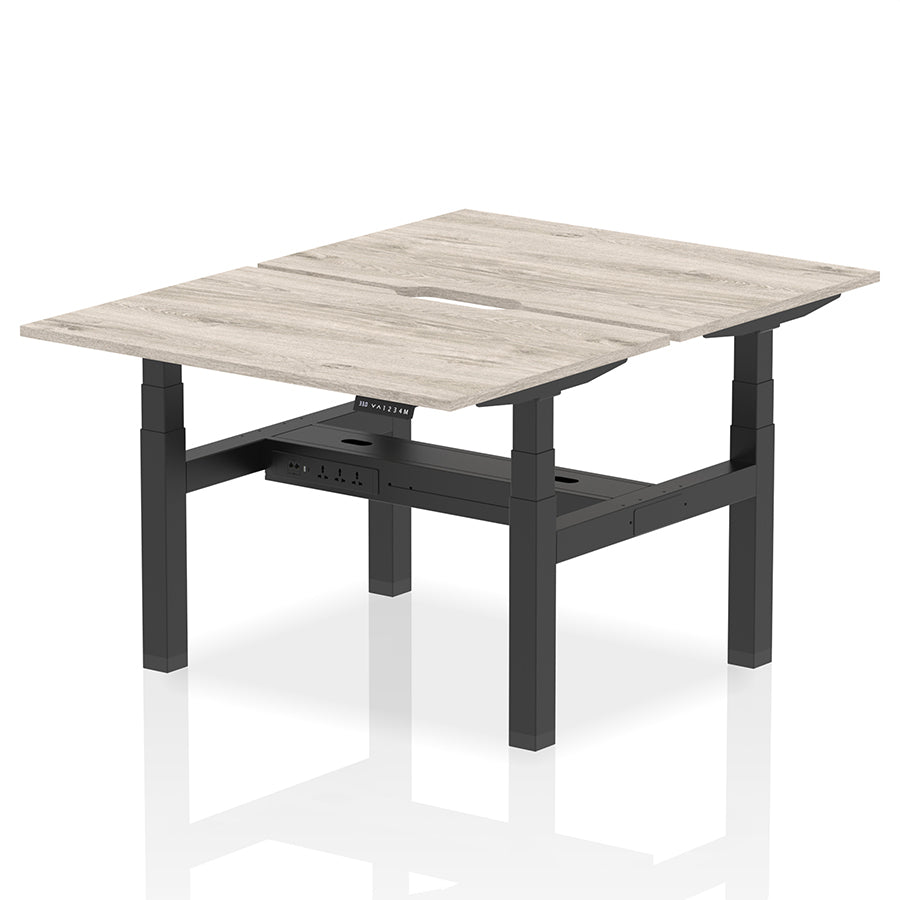 Air Back-to-Back Scalloped Edge Height Adjustable Bench Desk - 2 Person W1200mm Grey Oak Top with Black Frame