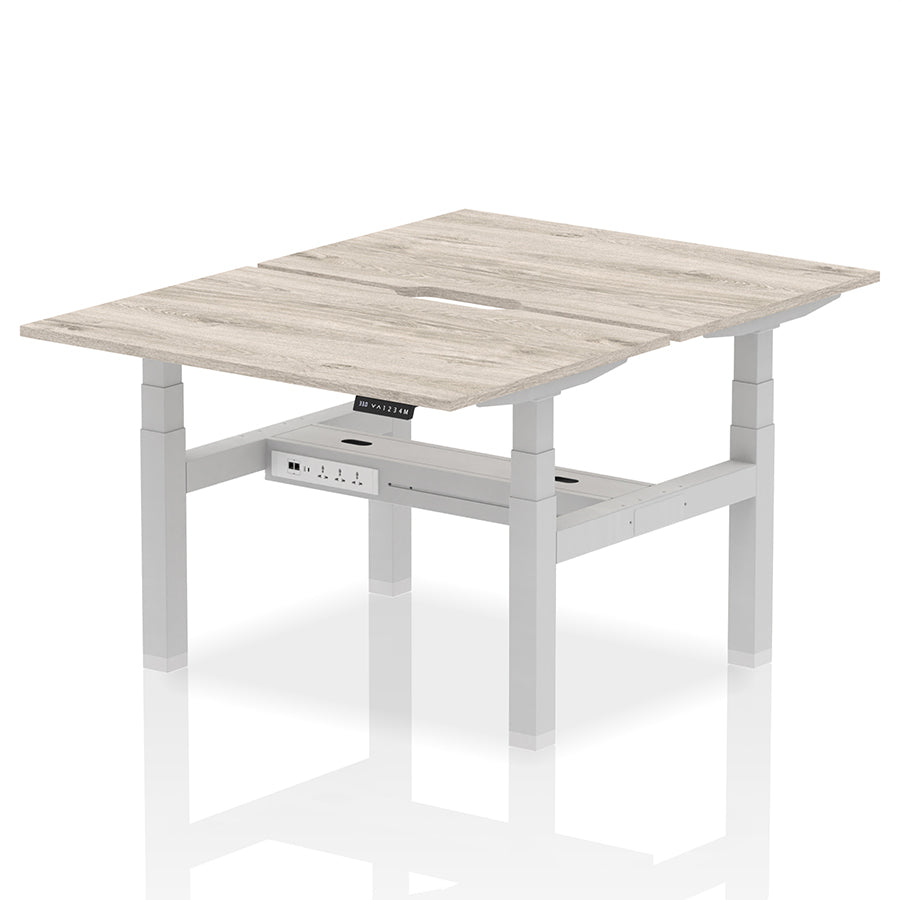 Air Back-to-Back Scalloped Edge Height Adjustable Bench Desk - 2 Person W1200mm Grey Oak Top with Silver Frame