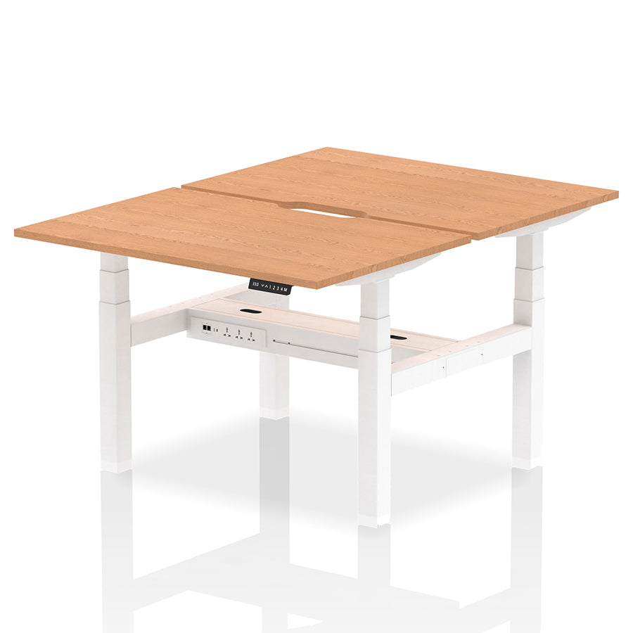 Air Back-to-Back Scalloped Edge Height Adjustable Bench Desk - 2 Person W1200mm Oak Top with White Frame