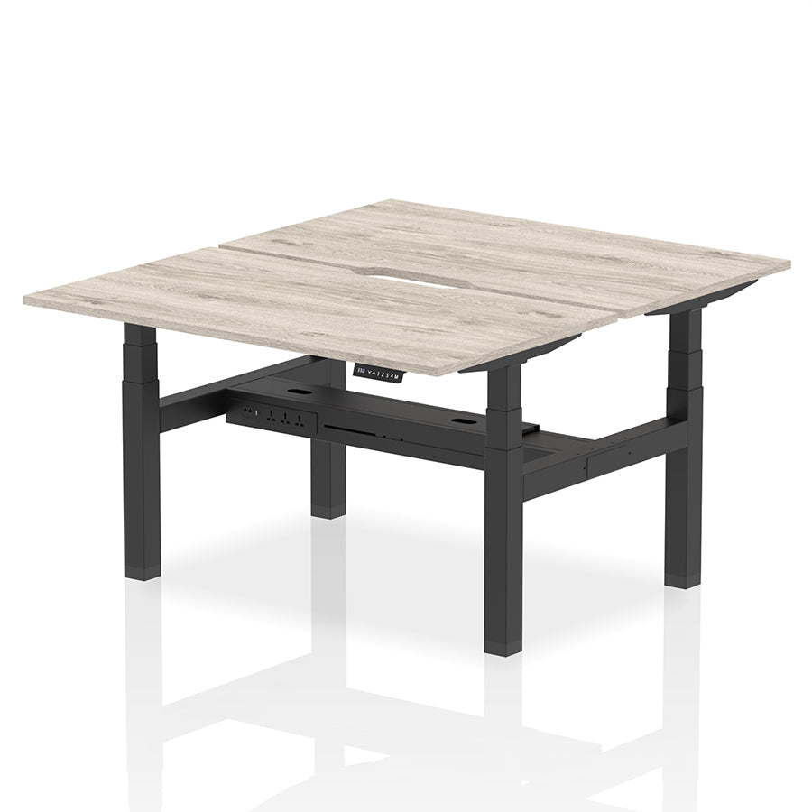 Air Back-to-Back Scalloped Edge Height Adjustable Bench Desk - 2 Person W1400mm Grey Oak Top with Black Frame