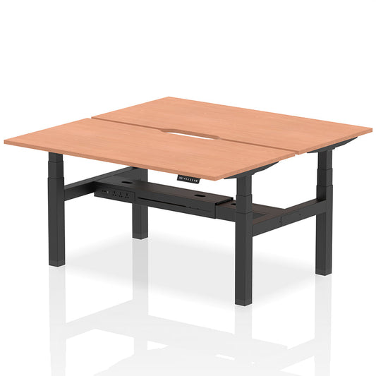 Air Back-to-Back Scalloped Edge Height Adjustable Bench Desk - 2 Person W1600mm Beech Top with Black Frame
