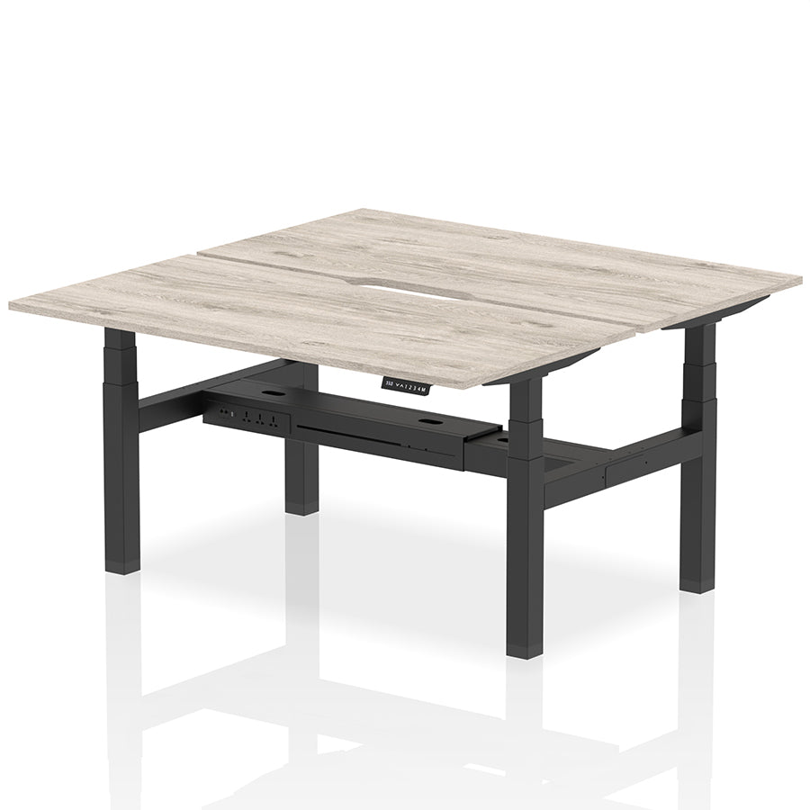 Air Back-to-Back Scalloped Edge Height Adjustable Bench Desk - 2 Person W1600mm Grey Oak Top with Black Frame