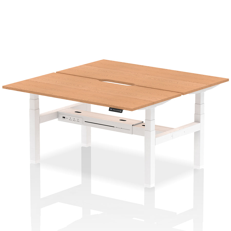 Air Back-to-Back Scalloped Edge Height Adjustable Bench Desk - 2 Person W1600mm Oak Top with White Frame