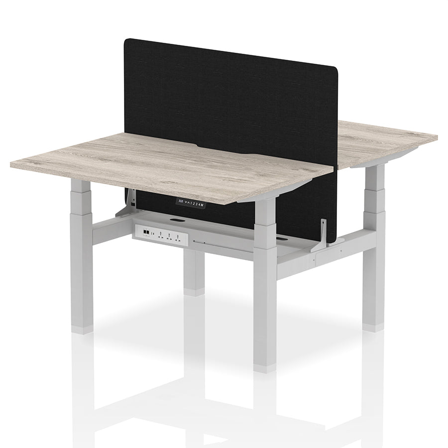 Air Back-to-Back Scalloped Edge Height Adjustable Bench Desk - 2 Person with Black Straight Screen W1200mm Grey Oak Top with Silver Frame
