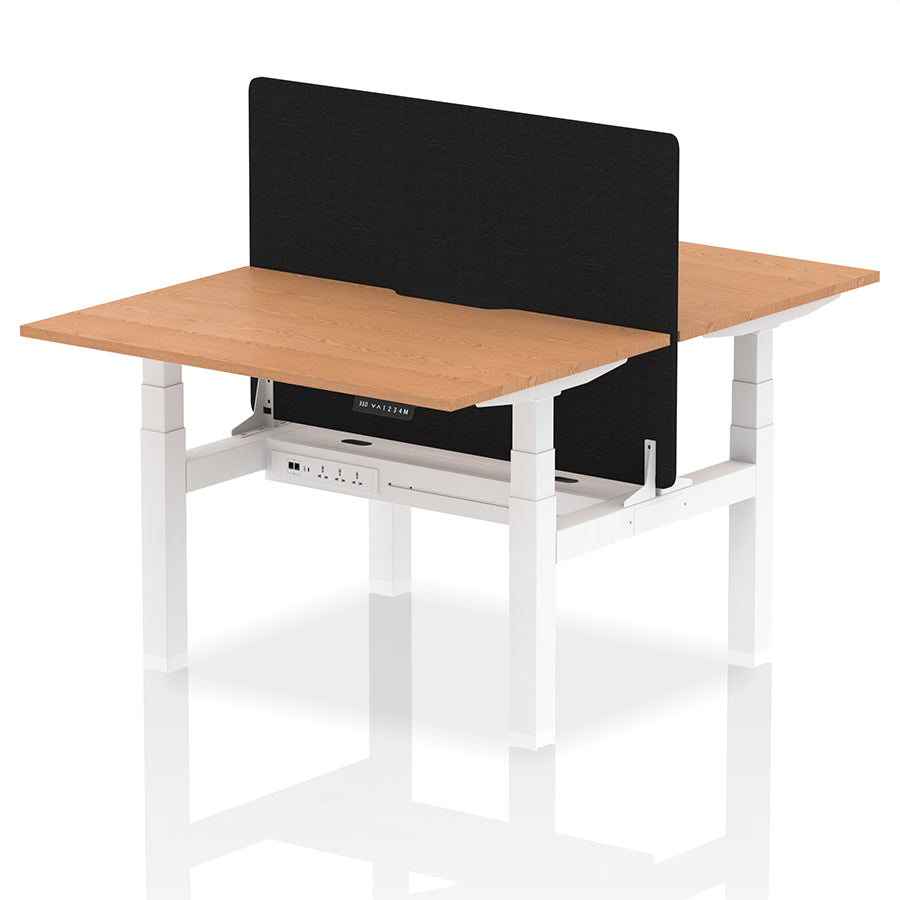 Air Back-to-Back Scalloped Edge Height Adjustable Bench Desk - 2 Person with Black Straight Screen W1200mm Oak Top with White Frame