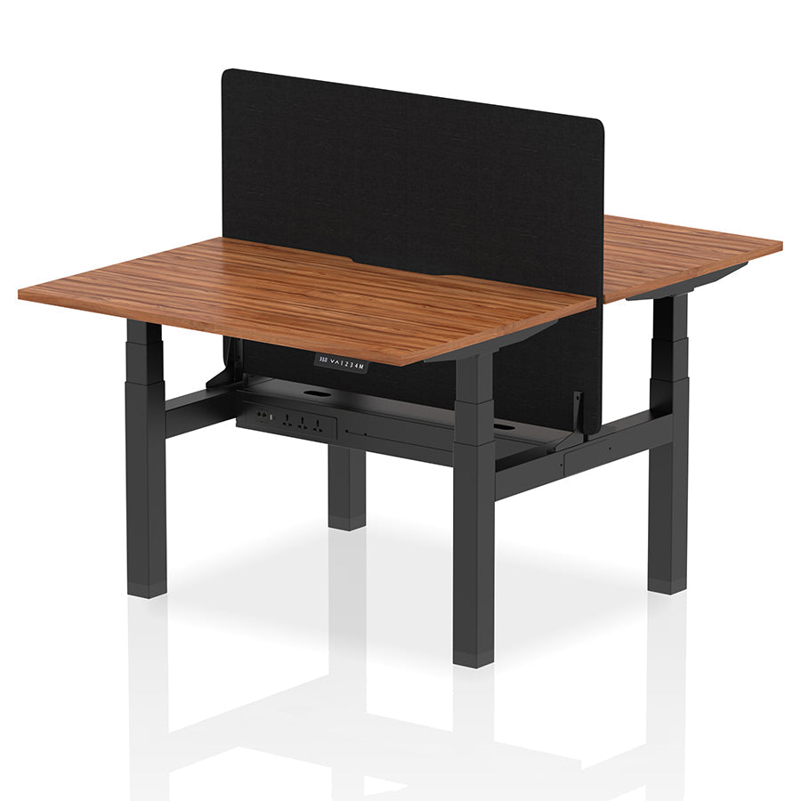 Air Back-to-Back Scalloped Edge Height Adjustable Bench Desk - 2 Person with Black Straight Screen W1200mm Walnut Top with Black Frame