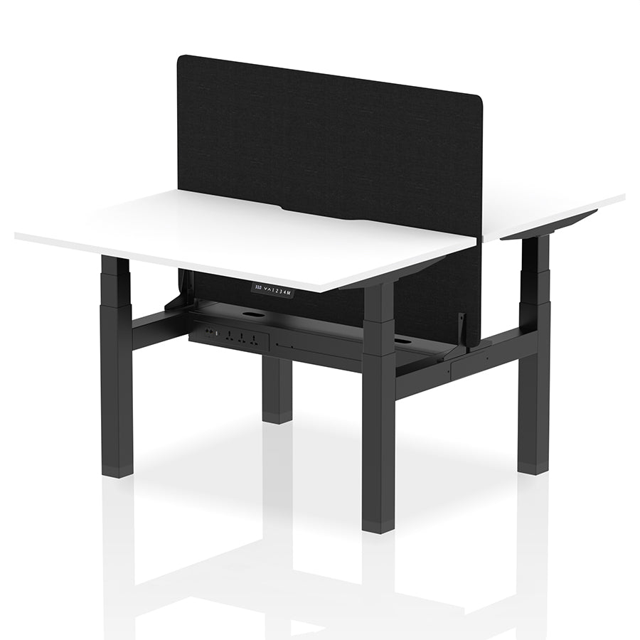 Air Back-to-Back Scalloped Edge Height Adjustable Bench Desk - 2 Person with Black Straight Screen W1200mm White Top with Black Frame