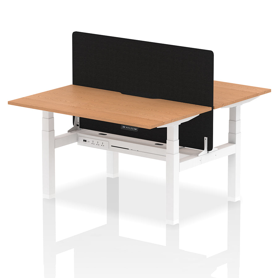 Air Back-to-Back Scalloped Edge Height Adjustable Bench Desk - 2 Person with Black Straight Screen W1400mm Oak Top with White Frame