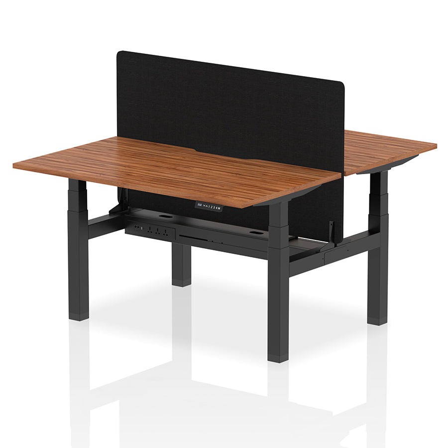 Air Back-to-Back Scalloped Edge Height Adjustable Bench Desk - 2 Person with Black Straight Screen W1400mm Walnut Top with Black Frame