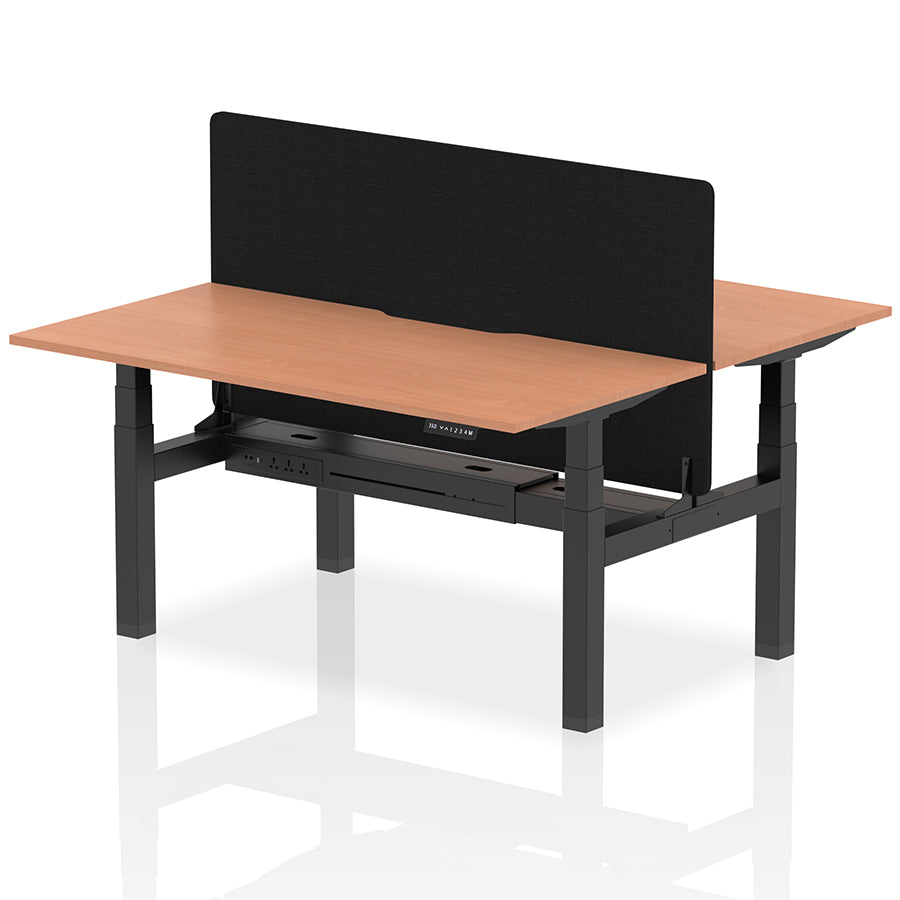 Air Back-to-Back Scalloped Edge Height Adjustable Bench Desk - 2 Person with Black Straight Screen W1600mm Beech Top with Black Frame
