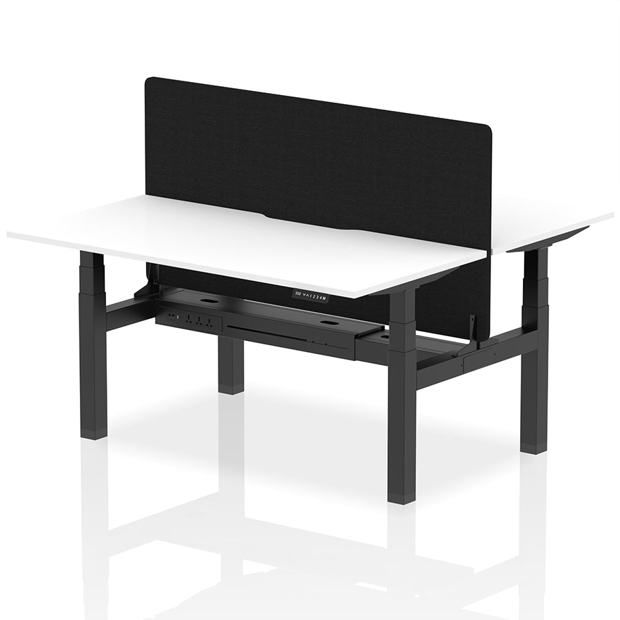 Air Back-to-Back Scalloped Edge Height Adjustable Bench Desk - 2 Person with Black Straight Screen W1600mm White Top with Black Frame