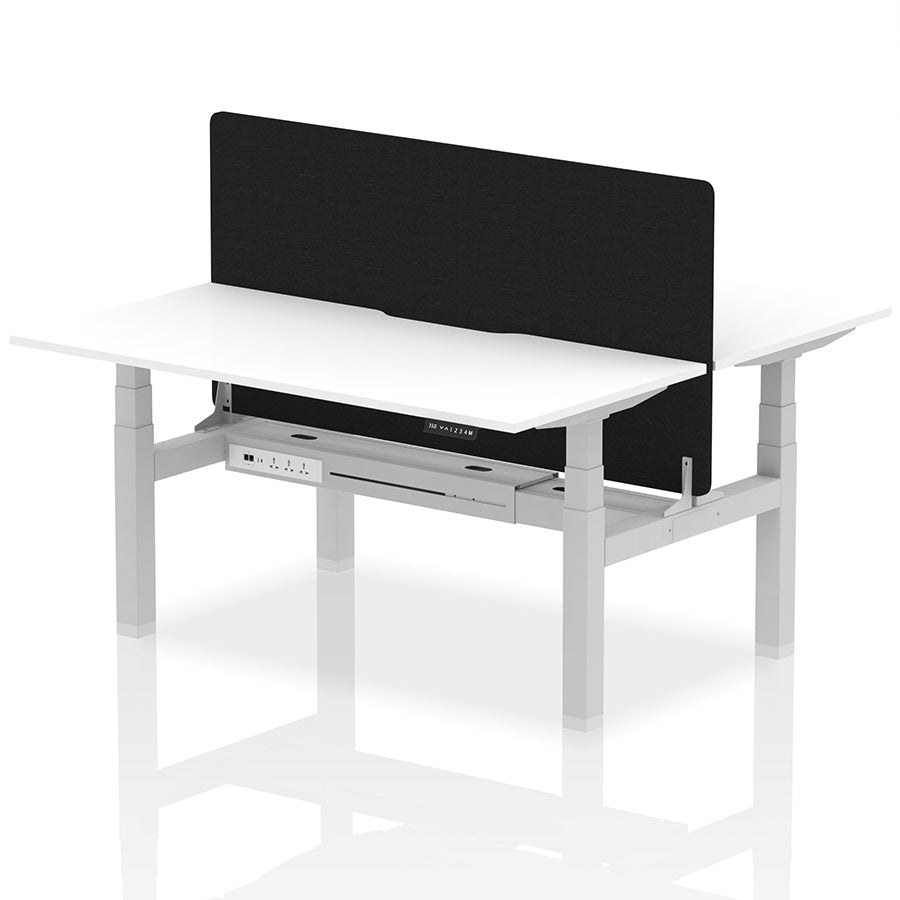 Air Back-to-Back Scalloped Edge Height Adjustable Bench Desk - 2 Person with Black Straight Screen W1600mm White Top with Silver Frame