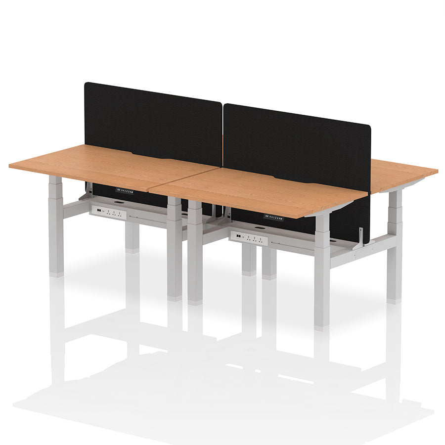 Air Back-to-Back Scalloped Edge Height Adjustable Bench Desk - 4 Person with Black Straight Screen W1200 oak top with silver frame