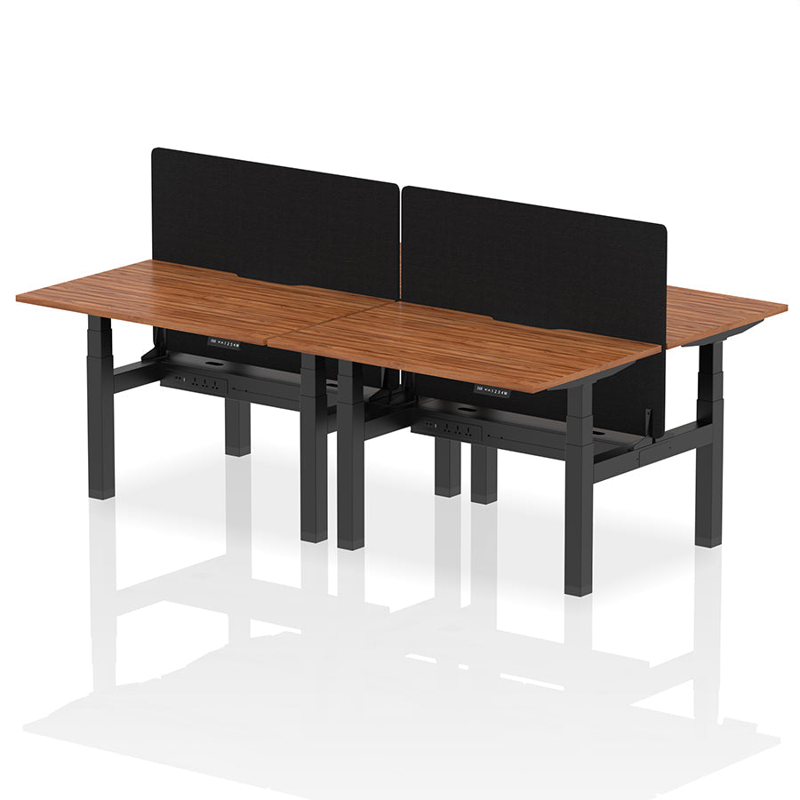 Air Back-to-Back Scalloped Edge Height Adjustable Bench Desk - 4 Person with Black Straight Screen W1200 walnut top with black frame