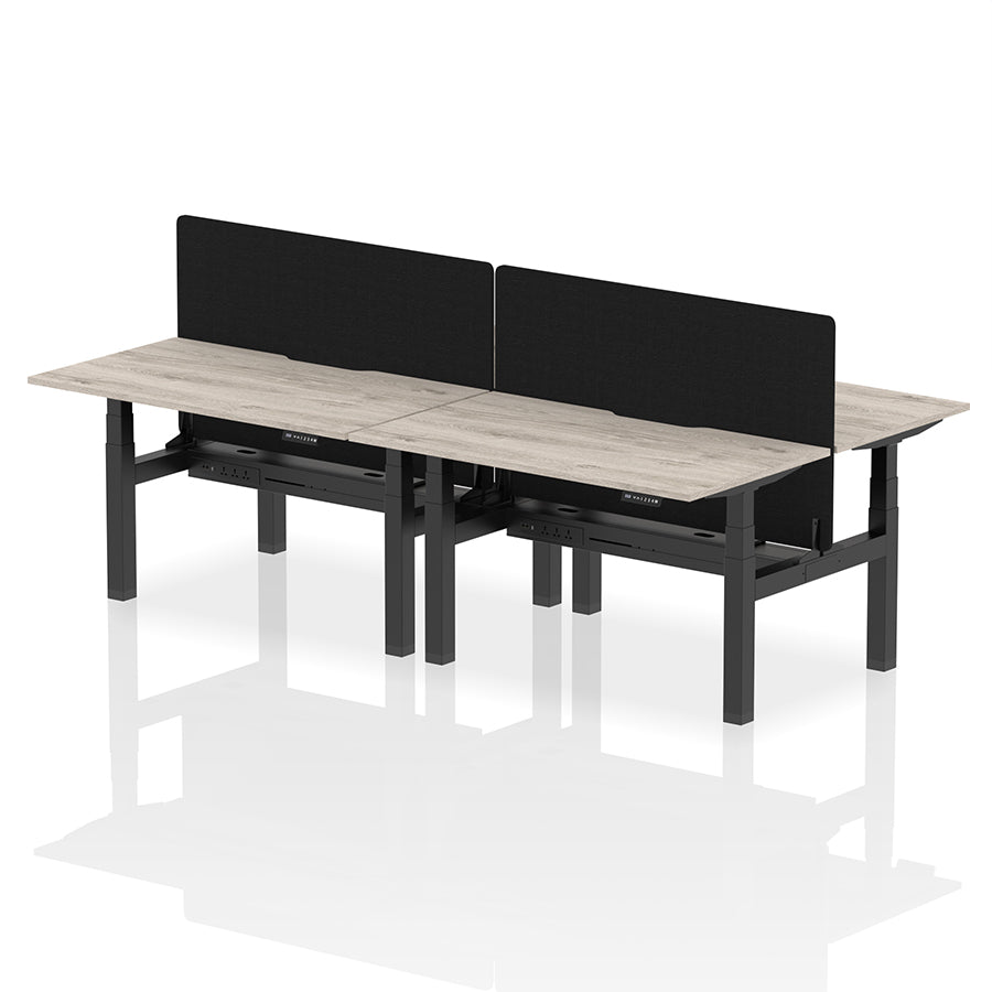 Air Back-to-Back Scalloped Edge Height Adjustable Bench Desk - 4 Person with Black Straight Screen W1400 grey oak top with black frame