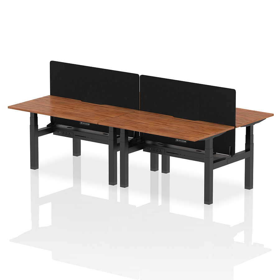 Air Back-to-Back Scalloped Edge Height Adjustable Bench Desk - 4 Person with Black Straight Screen W1400 walnut top with black frame