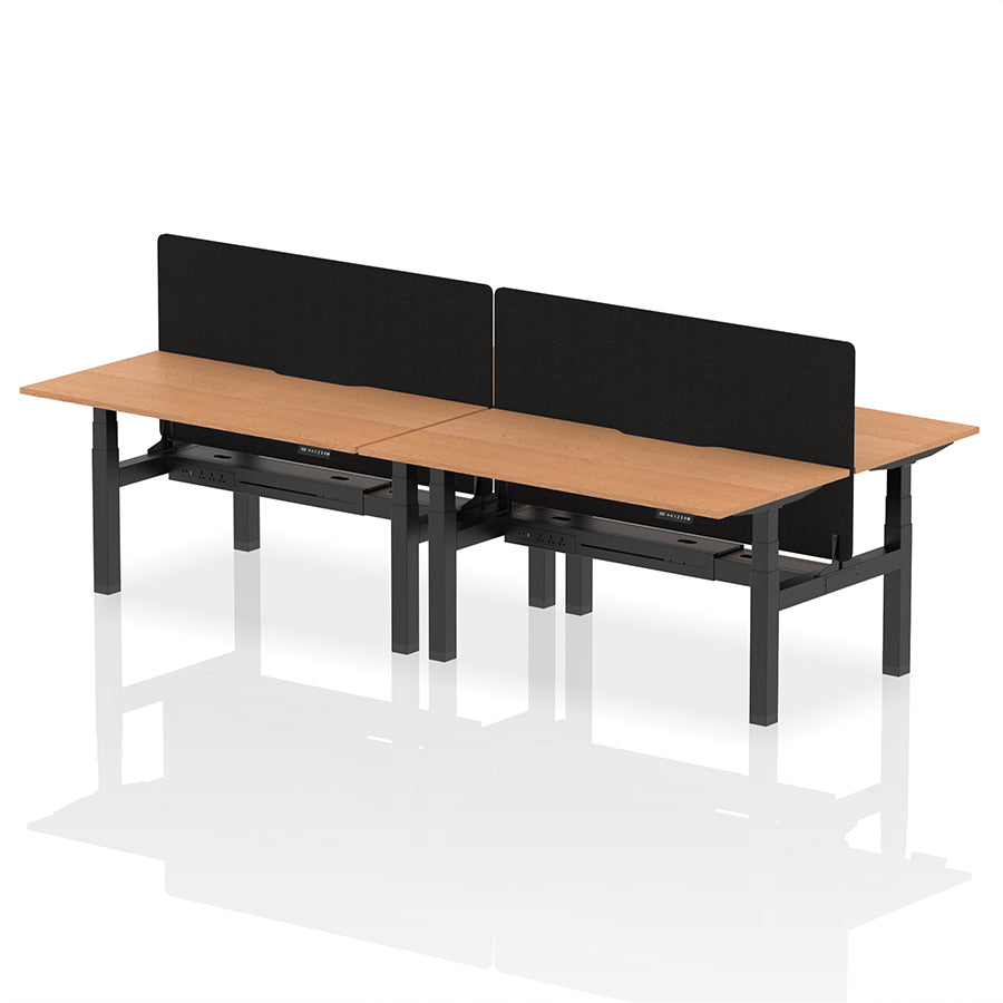 Air Back-to-Back Scalloped Edge Height Adjustable Bench Desk - 4 Person with Black Straight Screen W1600 oak top with black frame