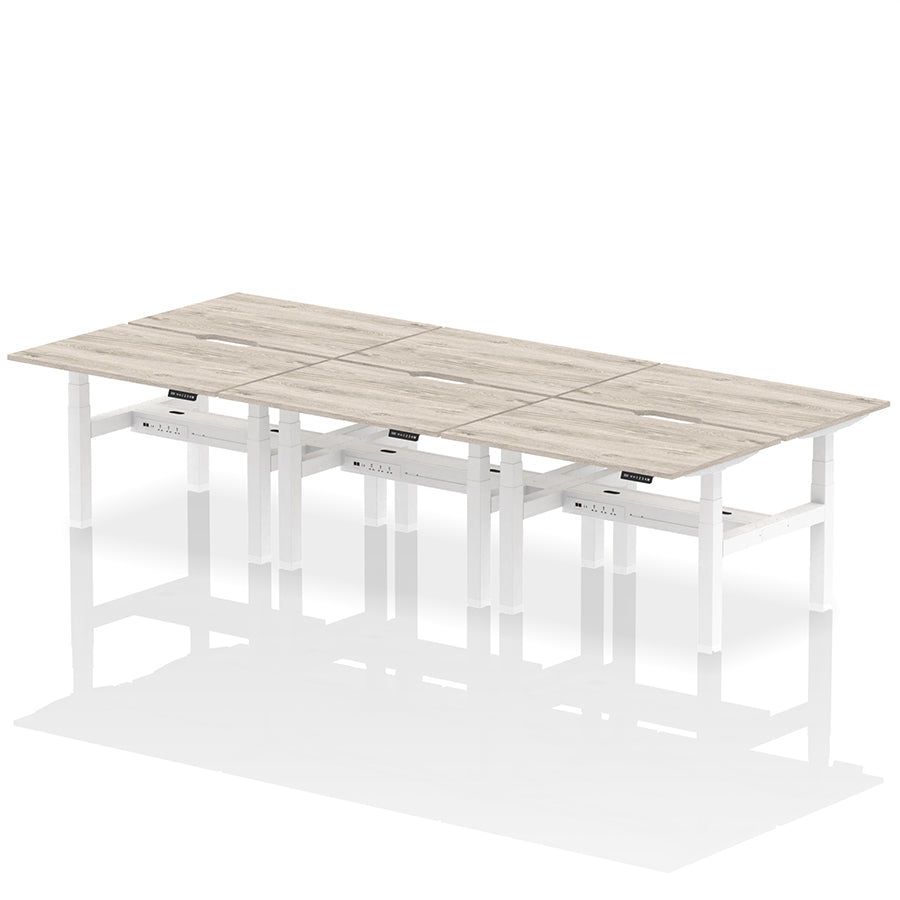 Air Back-to-Back Scalloped Edge Height Adjustable Bench Desk - 6 Person W1200mm grey oak top with white frame