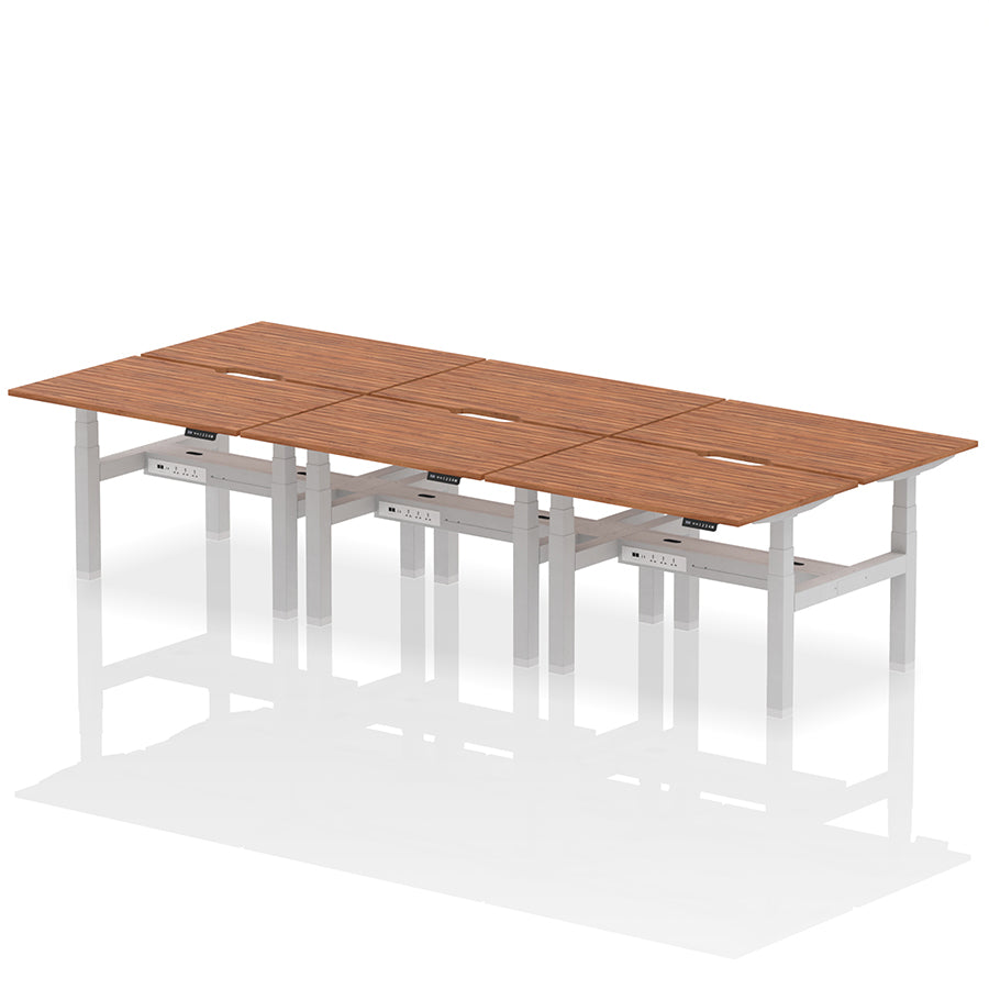 Air Back-to-Back Scalloped Edge Height Adjustable Bench Desk - 6 Person W1200mm walnut top with silver frame