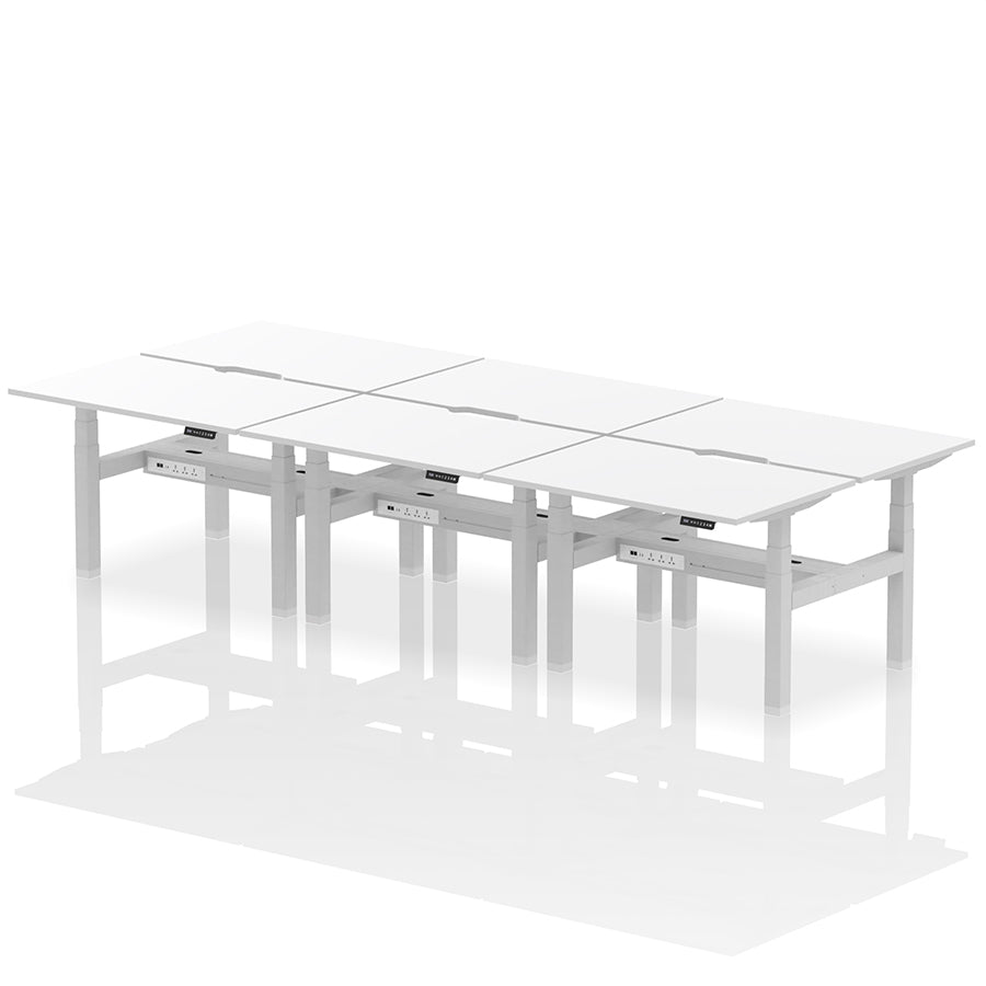 Air Back-to-Back Scalloped Edge Height Adjustable Bench Desk - 6 Person W1200mm white top with silver frame