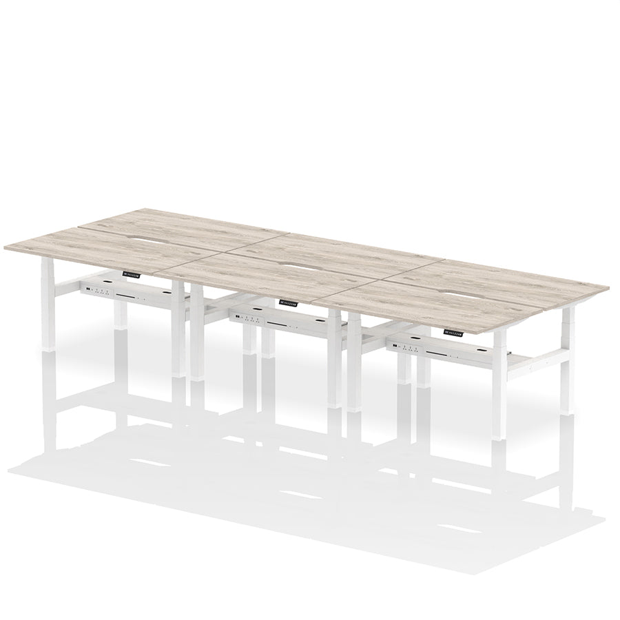 Air Back-to-Back Scalloped Edge Height Adjustable Bench Desk - 6 Person W1400mm grey oak top with white frame