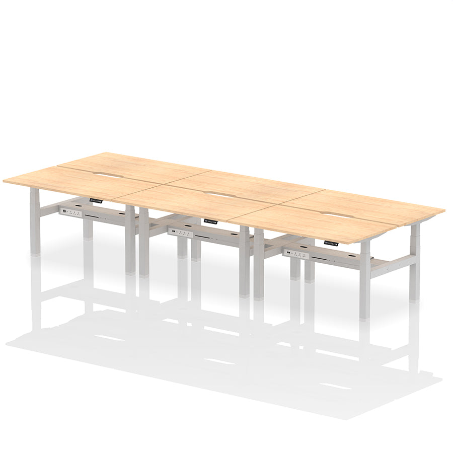 Air Back-to-Back Scalloped Edge Height Adjustable Bench Desk - 6 Person W1400mm maple top with silver frame