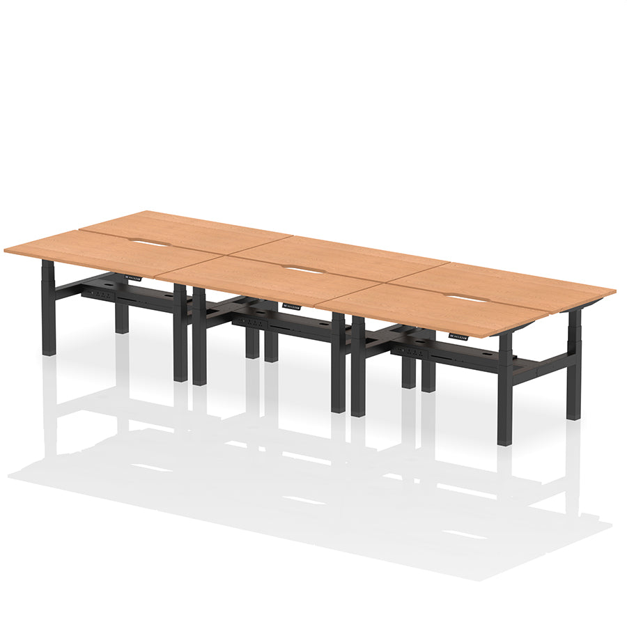Air Back-to-Back Scalloped Edge Height Adjustable Bench Desk - 6 Person W1400mm oak top with black frame