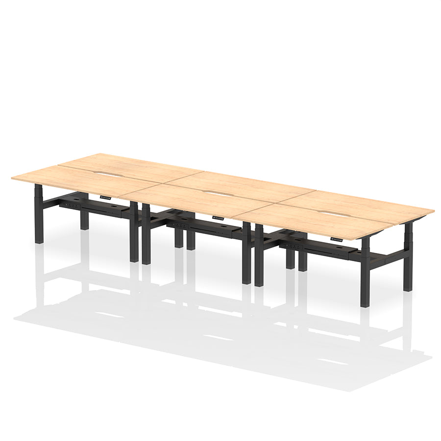 Air Back-to-Back Scalloped Edge Height Adjustable Bench Desk - 6 Person W1600mm maple top with black frame
