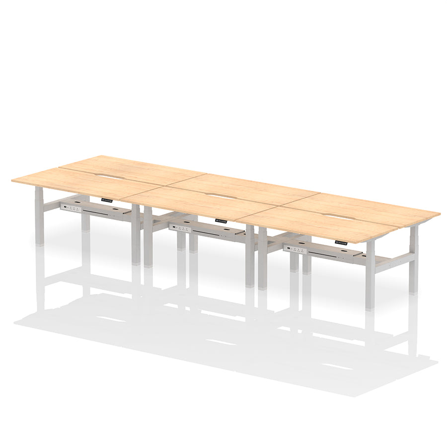 Air Back-to-Back Scalloped Edge Height Adjustable Bench Desk - 6 Person W1600mm maple top with silver frame